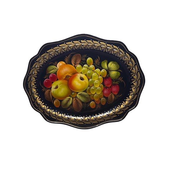 Other - Russian Zhostovo Vintage Tole Tray Strawberry Black Gold Floral and Fruit 11.75"